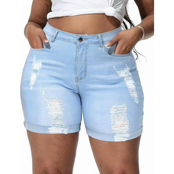 Gocolloa Womens Plus Size Jean Shorts Stretchy High Waisted Distressed Fold Hem Denim Shorts Light Blue 20W