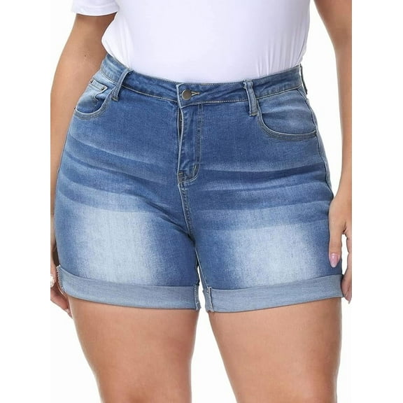 Gocolloa Womens Plus Size Jean Shorts Stretchy High Waisted Distressed Fold Hem Denim Shorts Royal Blue 18W