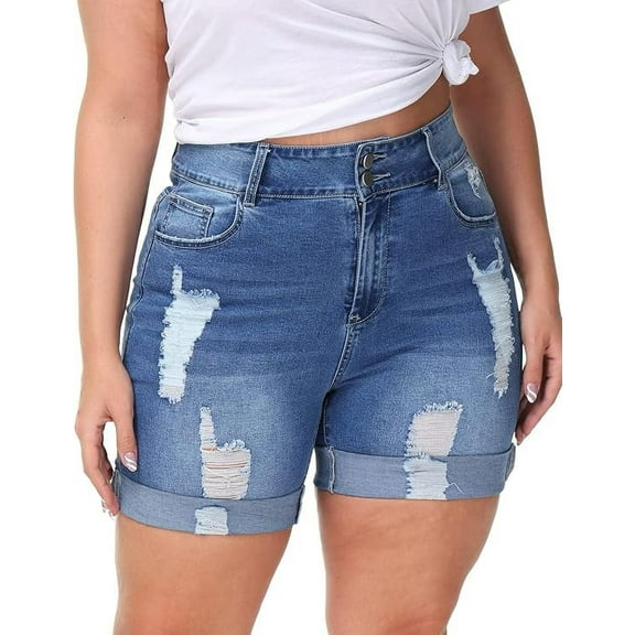Gocolloa Womens Plus Size Jean Shorts Stretchy High Waisted Distressed Fold Hem Denim Shorts Royal Blue 22W