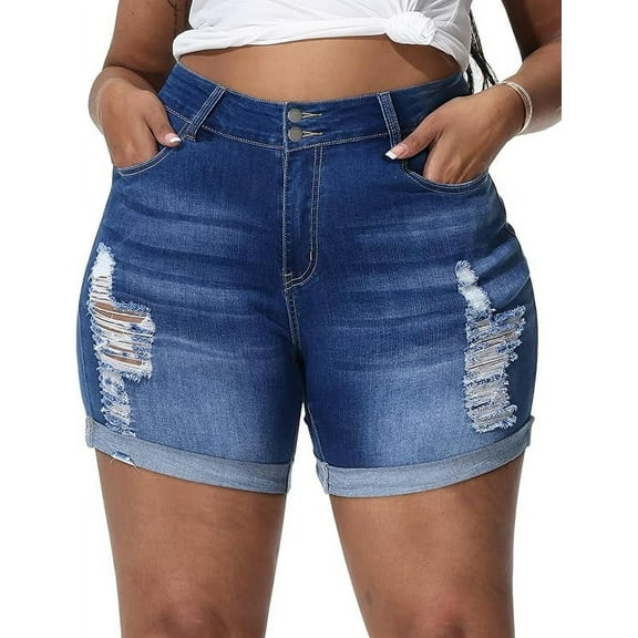 Gocolloa Womens Plus Size Jean Shorts Stretchy High Waisted Distressed Fold Hem Denim Shorts Royal Blue 24W