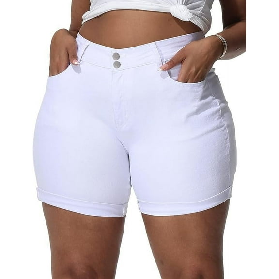 Gocolloa Womens Plus Size Jean Shorts Stretchy High Waisted Distressed Fold Hem Denim Shorts White 14W