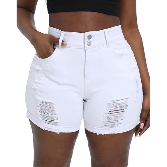Gocolloa Womens Plus Size Jean Shorts Stretchy High Waisted Distressed Fold Hem Denim Shorts White 20W