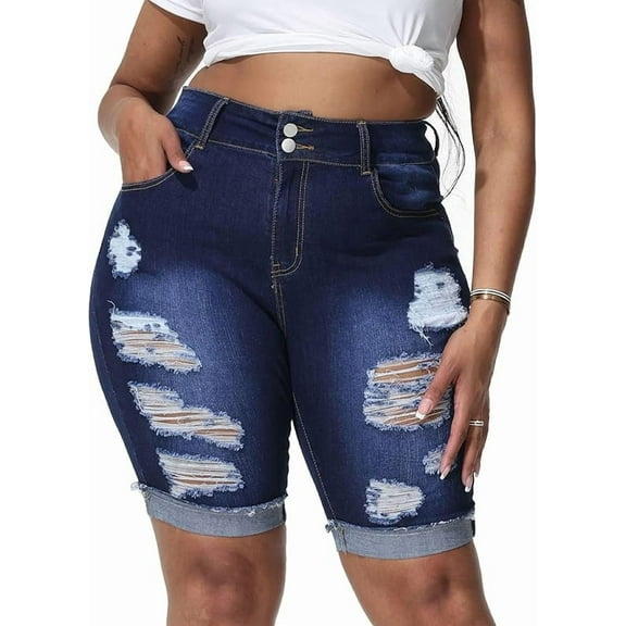 Gocolloa Womens Plus Size Jean Shorts Stretchy High Waisted Ripped Roll Hem Denim Bermuda Shorts 10" Inseam Dark Blue 24W