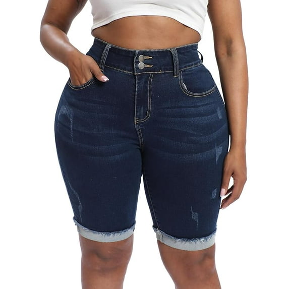 Gocolloa Womens Plus Size Jean Shorts Stretchy High Waisted Ripped Roll Hem Denim Bermuda Shorts 10" Inseam Dark Blue 16W
