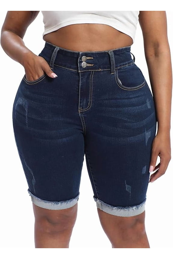 Womens Plus Size Jean Shorts Stretchy High Waisted Ripped Roll Hem Denim Bermuda Shorts 10" Inseam Dark Blue 18W