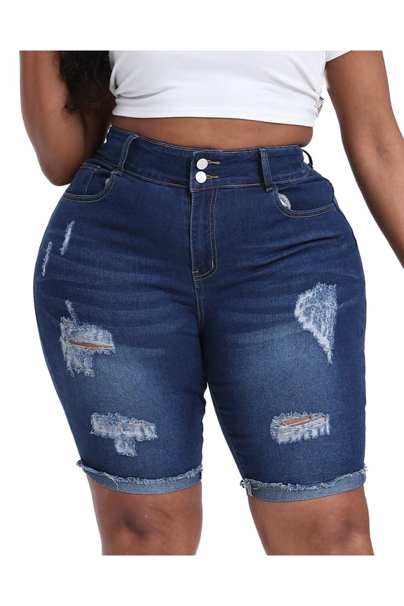 Womens Plus Size Jean Shorts Stretchy High Waisted Ripped Roll Hem Denim Bermuda Shorts 10" Inseam Dark Blue 22W