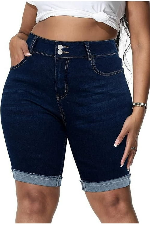 Womens Plus Size Jean Shorts Stretchy High Waisted Ripped Roll Hem Denim Bermuda Shorts 10" Inseam Dark Blue 22W