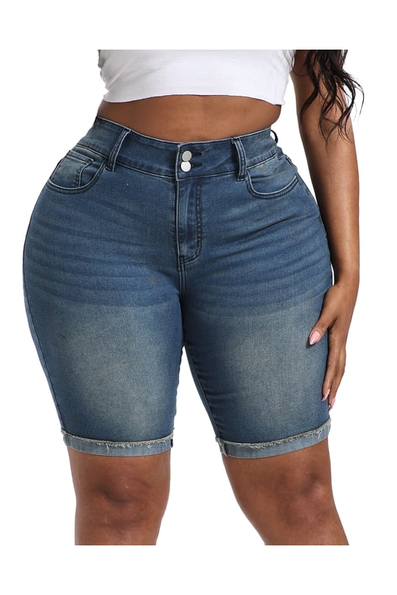 Womens Plus Size Jean Shorts Stretchy High Waisted Ripped Roll Hem Denim Bermuda Shorts 10" Inseam Deep Blue 22W
