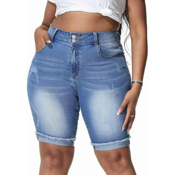 Gocolloa Womens Plus Size Jean Shorts Stretchy High Waisted Ripped Roll Hem Denim Bermuda Shorts 10" Inseam Light Blue 18W