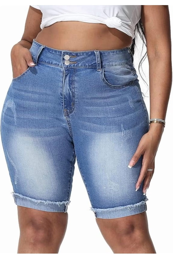 Womens Plus Size Jean Shorts Stretchy High Waisted Ripped Roll Hem Denim Bermuda Shorts 10" Inseam Light Blue 18W