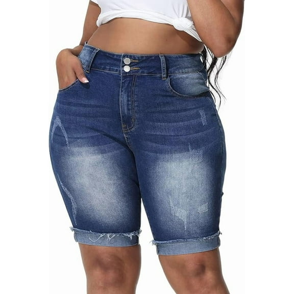 Gocolloa Womens Plus Size Jean Shorts Stretchy High Waisted Ripped Roll Hem Denim Bermuda Shorts 10" Inseam Royal Blue 14W