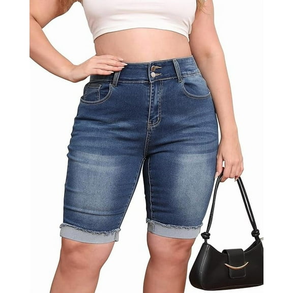 Gocolloa Womens Plus Size Jean Shorts Stretchy High Waisted Ripped Roll Hem Denim Bermuda Shorts 10" Inseam Royal Blue 20W