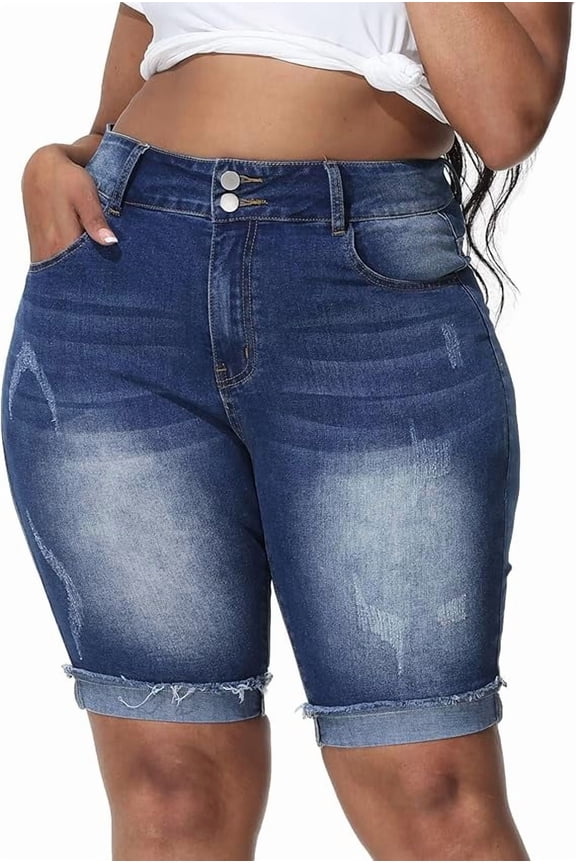 Womens Plus Size Jean Shorts Stretchy High Waisted Ripped Roll Hem Denim Bermuda Shorts 10" Inseam Royal Blue 24W