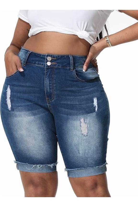 Womens Plus Size Jean Shorts Stretchy High Waisted Ripped Roll Hem Denim Bermuda Shorts 10" Inseam Royal Blue 24W