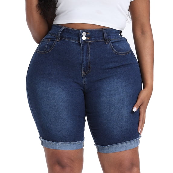 Gocolloa Womens Plus Size Jean Shorts Stretchy High Waisted Ripped Roll Hem Denim Bermuda Shorts 10" Inseam Royal Blue 24W