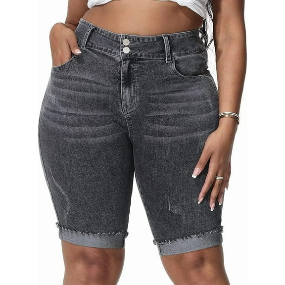 Gocolloa Womens Plus Size Jean Shorts Stretchy High Waisted Ripped Roll Hem Denim Bermuda Shorts 10" Inseam Smoky Gray 16W