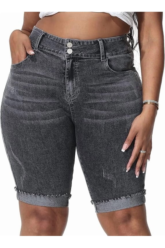 Womens Plus Size Jean Shorts Stretchy High Waisted Ripped Roll Hem Denim Bermuda Shorts 10" Inseam Smoky Gray 18W