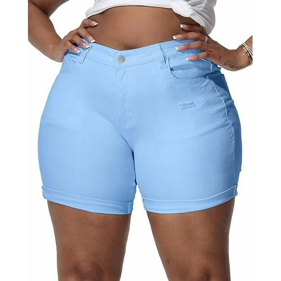 Gocolloa Womens Plus Size Jean Shorts Stretchy Solid Color High Waisted Summer Casual 5.5" Denim Shorts Aqua Blue 18W