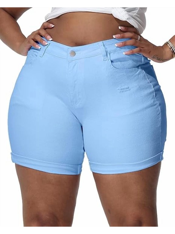 Womens Plus Size Jean Shorts Stretchy Solid Color High Waisted Summer Casual 5.5" Denim Shorts Aqua Blue 18W