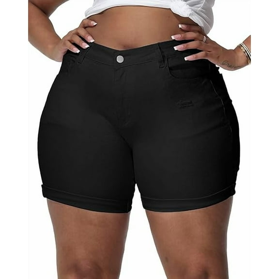 Gocolloa Womens Plus Size Jean Shorts Stretchy Solid Color High Waisted Summer Casual 5.5" Denim Shorts Black 20W