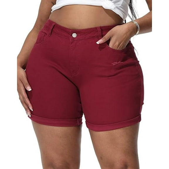 Gocolloa Womens Plus Size Jean Shorts Stretchy Solid Color High Waisted Summer Casual 5.5" Denim Shorts Burgundy 16W