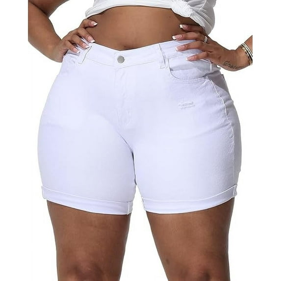 Gocolloa Womens Plus Size Jean Shorts Stretchy Solid Color High Waisted Summer Casual 5.5" Denim Shorts White 26W