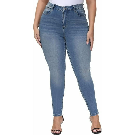 Gocolloa Womens Plus Size Skinny Jeans High Waisted Stretchy Classic Ankle Jean Retro Blue 14W