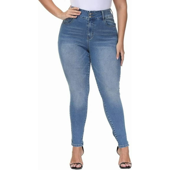 Gocolloa Womens Plus Size Skinny Jeans High Waisted Stretchy Classic Ankle Jean Retro Blue 26W