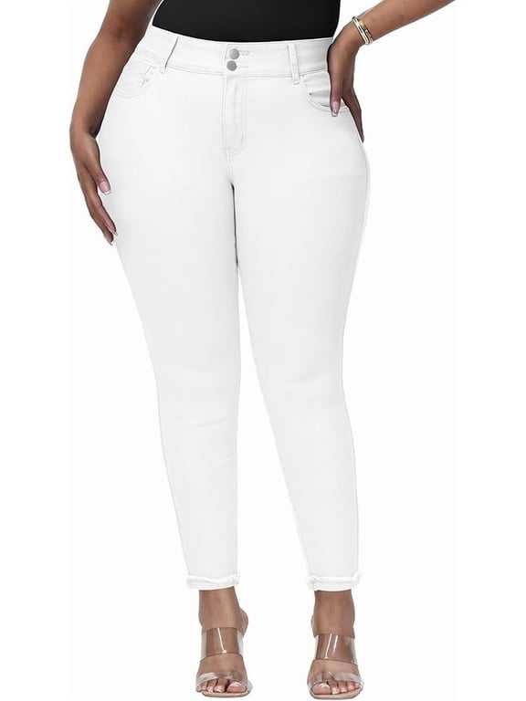 Womens Plus Size Skinny Jeans High Waisted Stretchy Classic Ankle Jean White 14W