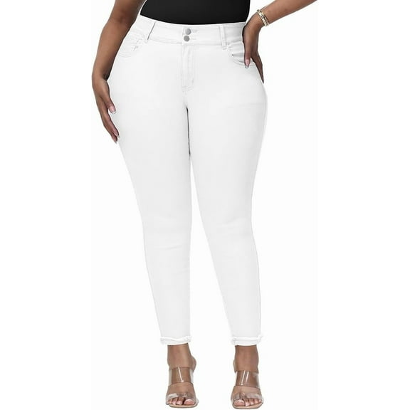 Gocolloa Womens Plus Size Skinny Jeans High Waisted Stretchy Classic Ankle Jean White 24W