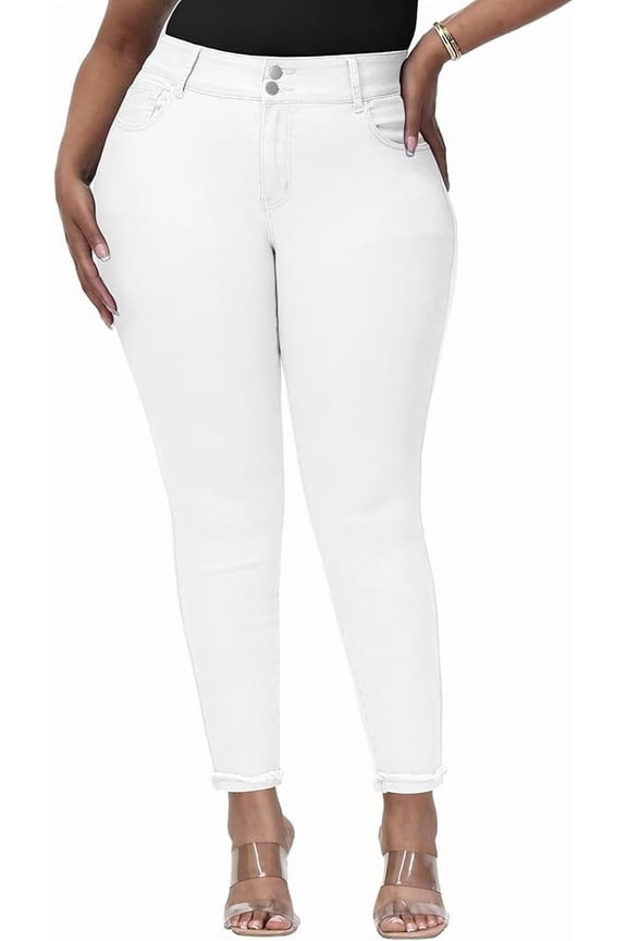 Womens Plus Size Skinny Jeans High Waisted Stretchy Classic Ankle Jean White 24W
