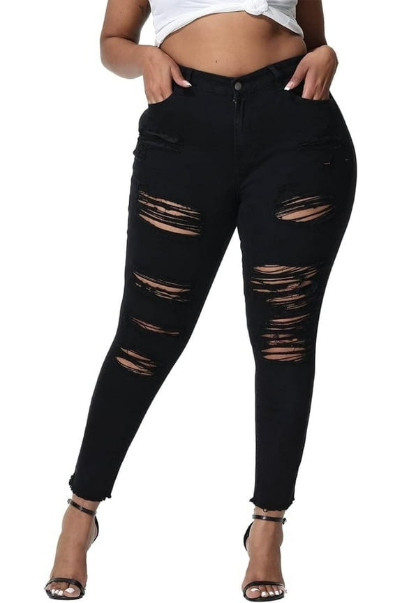 Womens Plus Size Skinny Jeans Stretchy High Waisted Ripped Distressed Ankle Jean Black 16W