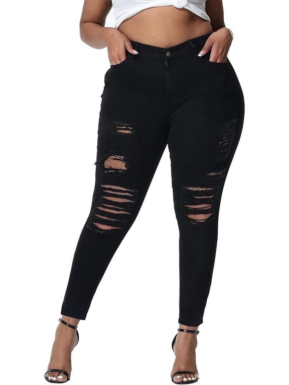 Womens Plus Size Skinny Jeans Stretchy High Waisted Ripped Distressed Ankle Jean Black 18W