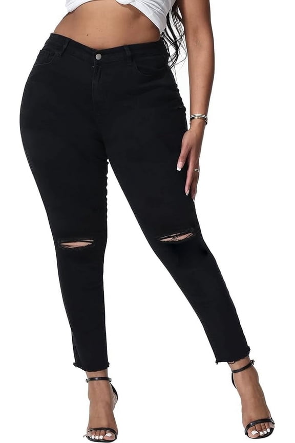 Womens Plus Size Skinny Jeans Stretchy High Waisted Ripped Distressed Ankle Jean Black 24W