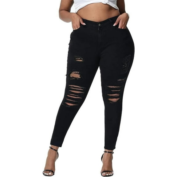 Gocolloa Womens Plus Size Skinny Jeans Stretchy High Waisted Ripped Distressed Ankle Jean Black 24W