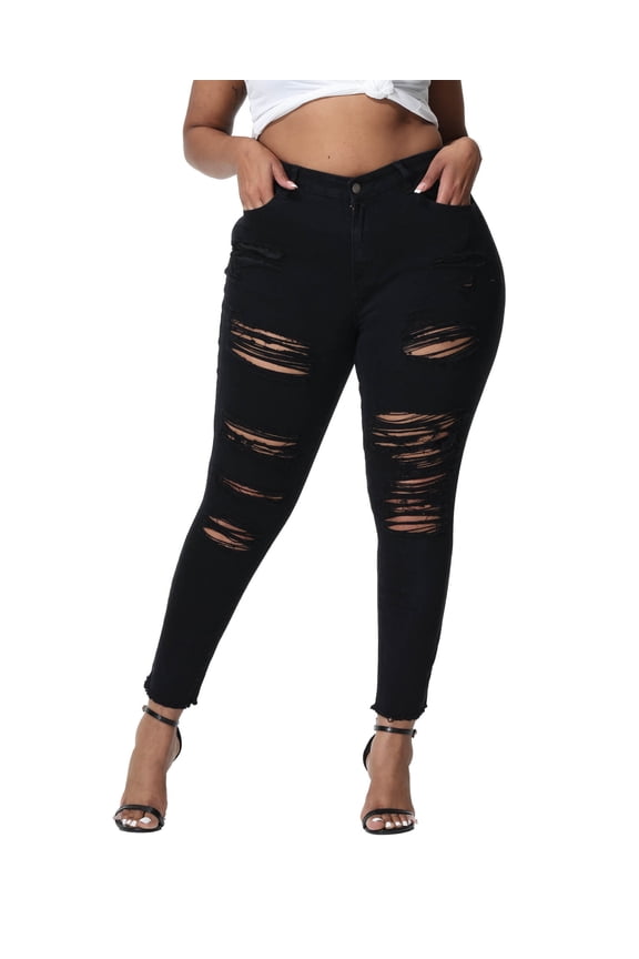 Womens Plus Size Skinny Jeans Stretchy High Waisted Ripped Distressed Ankle Jean Black 24W