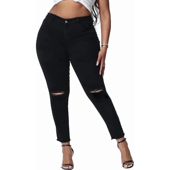 Gocolloa Womens Plus Size Skinny Jeans Stretchy High Waisted Ripped Distressed Ankle Jean Black 26W