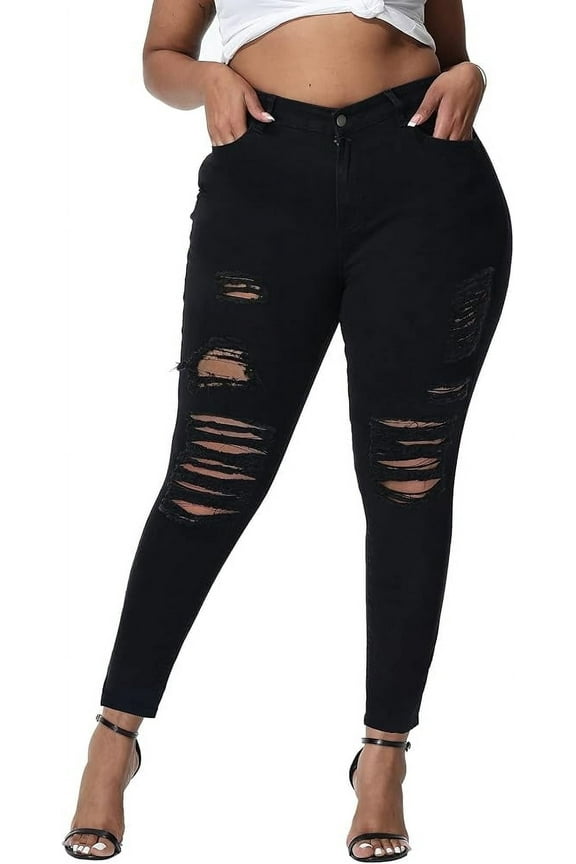 Womens Plus Size Skinny Jeans Stretchy High Waisted Ripped Distressed Ankle Jean Black 26W
