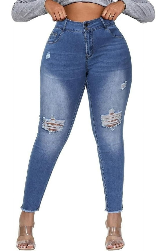 Womens Plus Size Skinny Jeans Stretchy High Waisted Ripped Distressed Ankle Jean Blue 22W