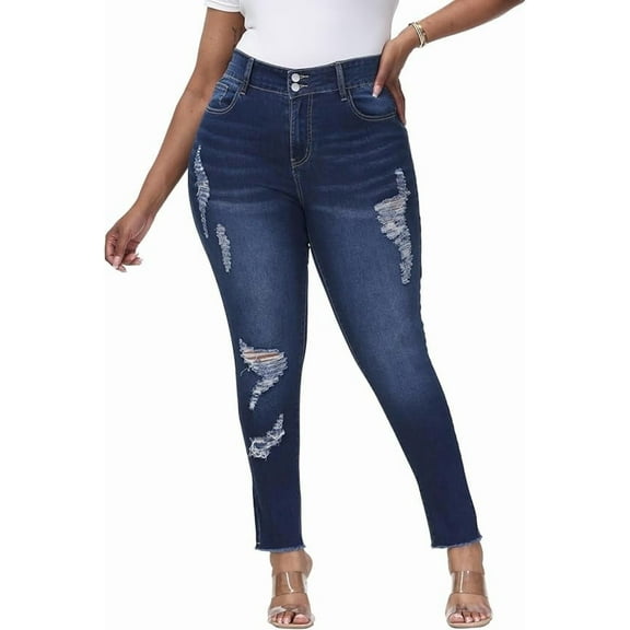 Gocolloa Womens Plus Size Skinny Jeans Stretchy High Waisted Ripped Distressed Ankle Jean Dark Blue 14W