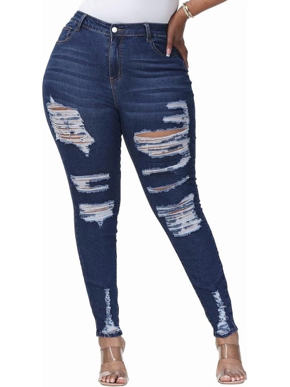Womens Plus Size Skinny Jeans Stretchy High Waisted Ripped Distressed Ankle Jean Dark Blue 18W