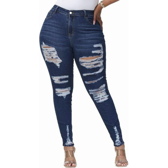 Gocolloa Womens Plus Size Skinny Jeans Stretchy High Waisted Ripped Distressed Ankle Jean Dark Blue 20W