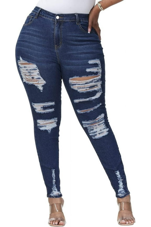 Womens Plus Size Skinny Jeans Stretchy High Waisted Ripped Distressed Ankle Jean Dark Blue 26W
