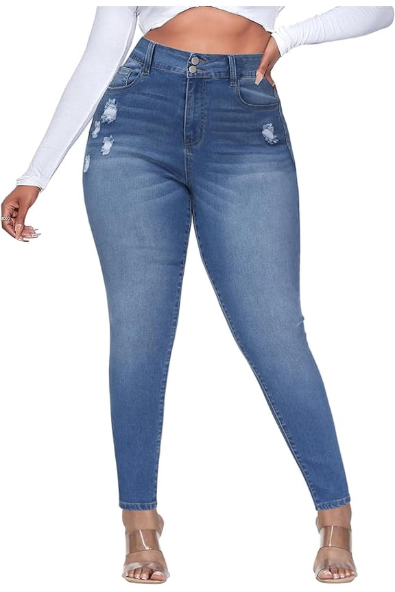 Womens Plus Size Skinny Jeans Stretchy High Waisted Ripped Distressed Ankle Jean Royal Blue 18W