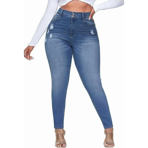 Gocolloa Womens Plus Size Skinny Jeans Stretchy High Waisted Ripped Distressed Ankle Jean Royal Blue 20W