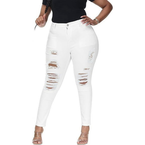 Gocolloa Womens Plus Size Skinny Jeans Stretchy High Waisted Ripped Distressed Ankle Jean White 18W