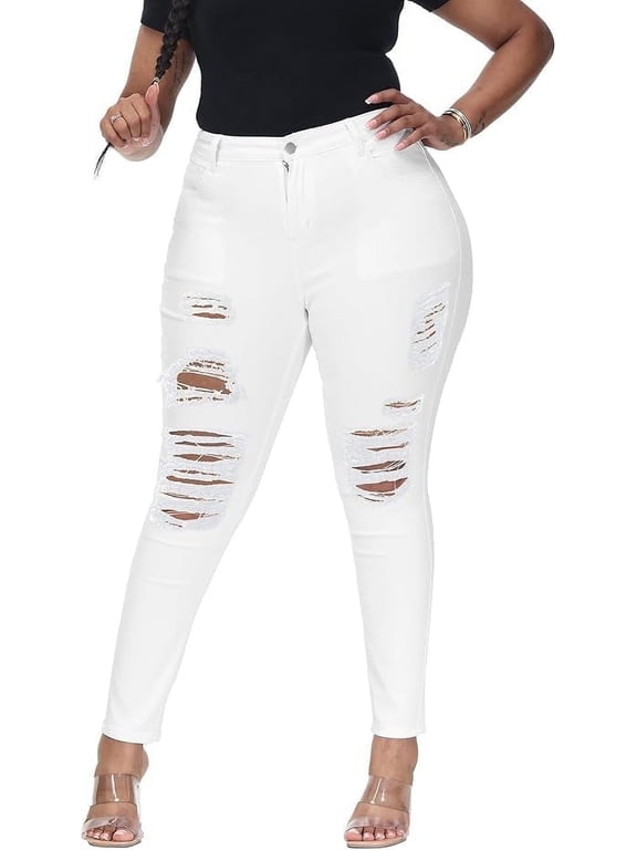 Womens Plus Size Skinny Jeans Stretchy High Waisted Ripped Distressed Ankle Jean White 18W