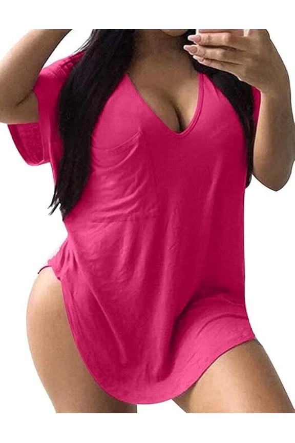 Womens Plus Size Tops Summer Basic Short Sleeve T-shirts Dressy Casual Loose Top Tee Rose Red 1X