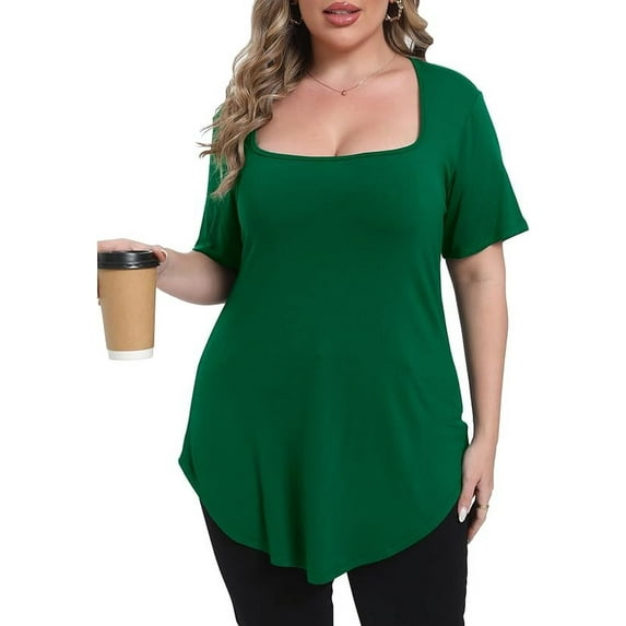 Gocolloa Womens Plus Size Tops Tunic Sexy Square Neck Short Sleeve Shirts Summer Loose Fit Dressy Casual Blouse Blackish Green 4X