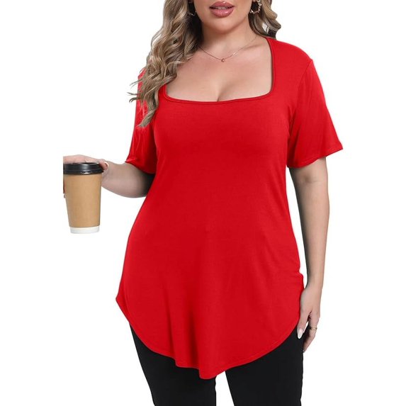 Gocolloa Womens Plus Size Tops Tunic Sexy Square Neck Short Sleeve Shirts Summer Loose Fit Dressy Casual Blouse Red 1X